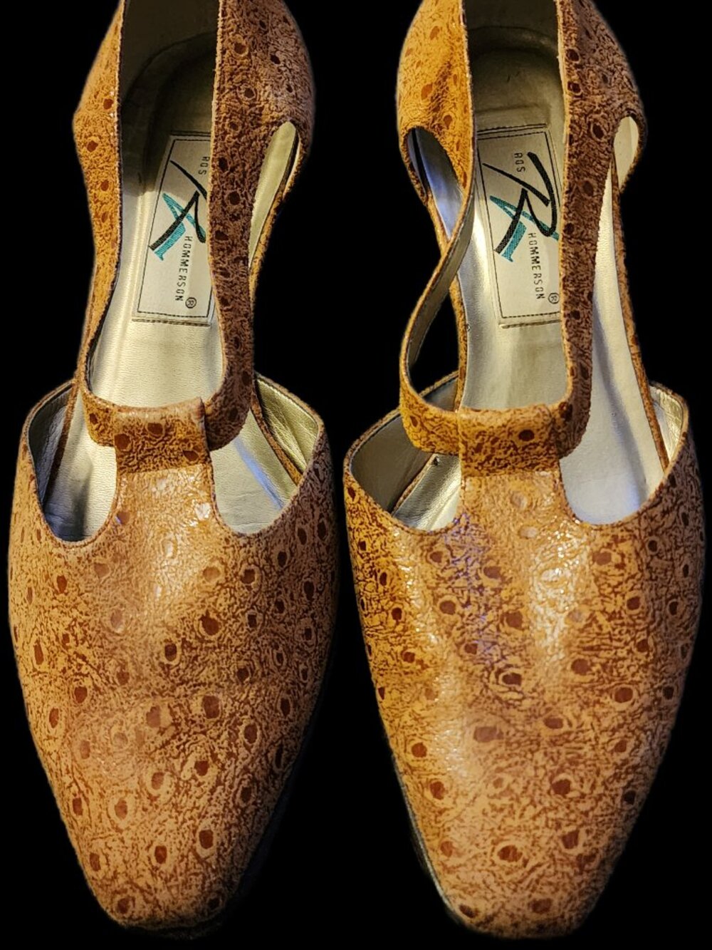 Ros Hommerson Women's Tan Brown Ostrich Textured Leather T-Strap Pumps Heels